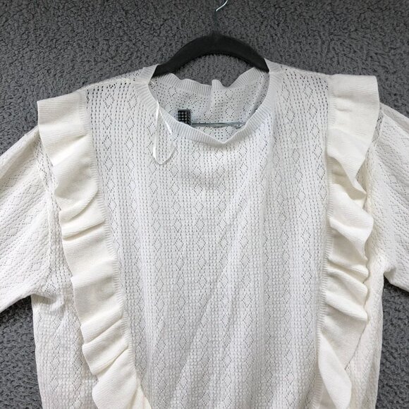 NWOT Lightweight Sweater Womens Medium M White Pointelle Knit Ruffle Front - Picture 3 of 9